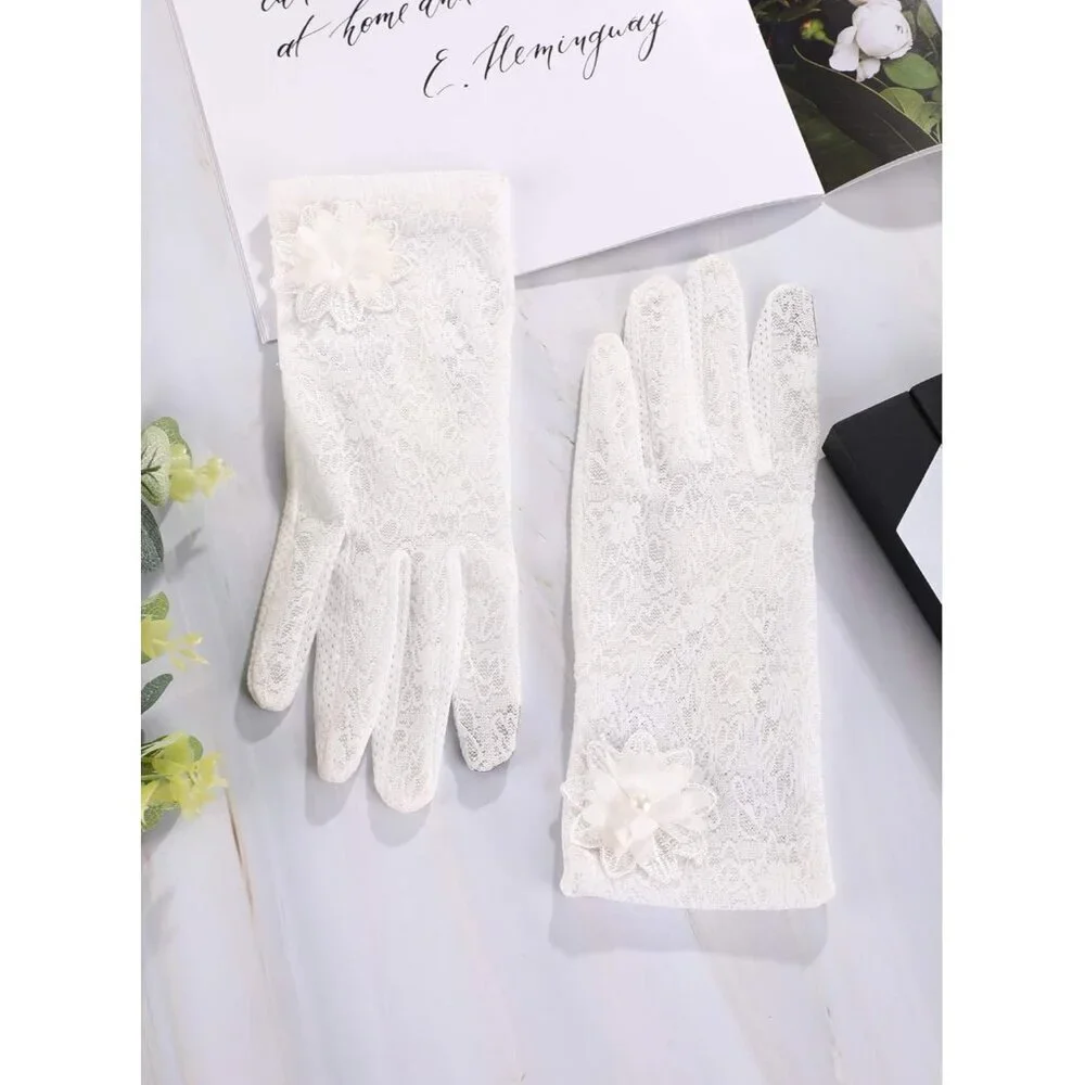 Women's White Fingerless Floral Short Lace Gloves Party Tea Halloween Wedding